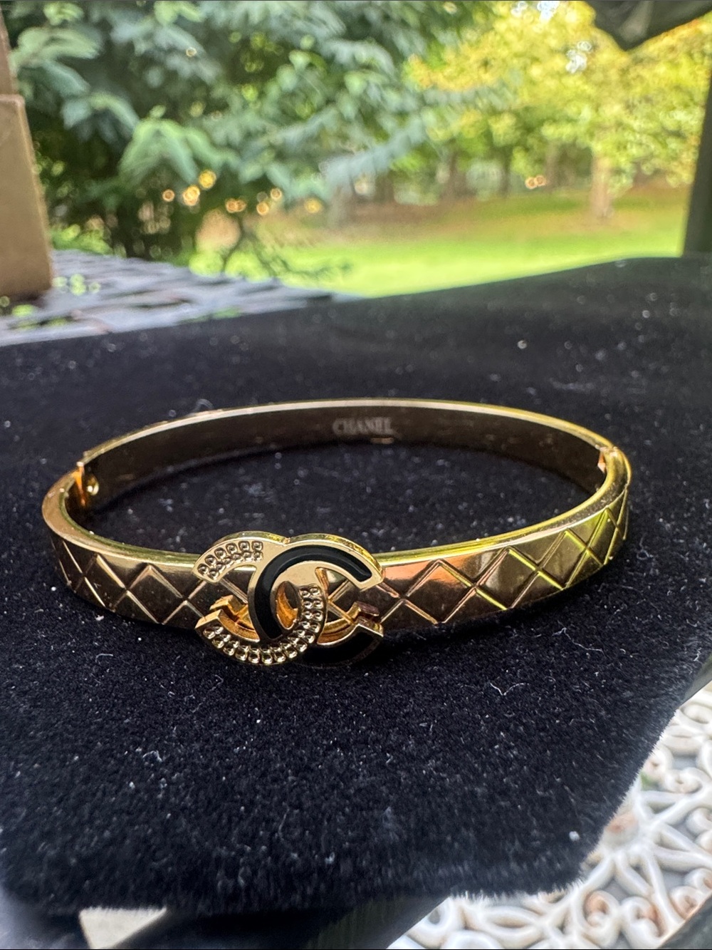 Bangle Bracelet gold tone crystals and black enamel